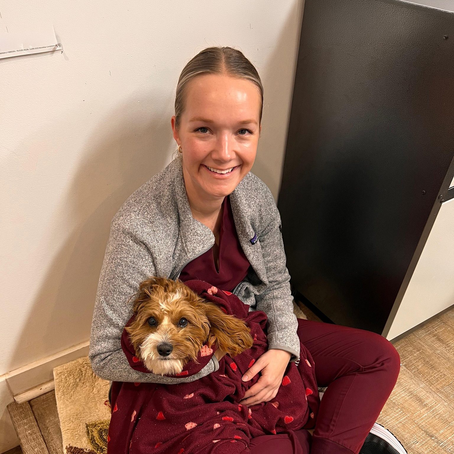 veterinary tech cuddling with dog wrapped in blanket